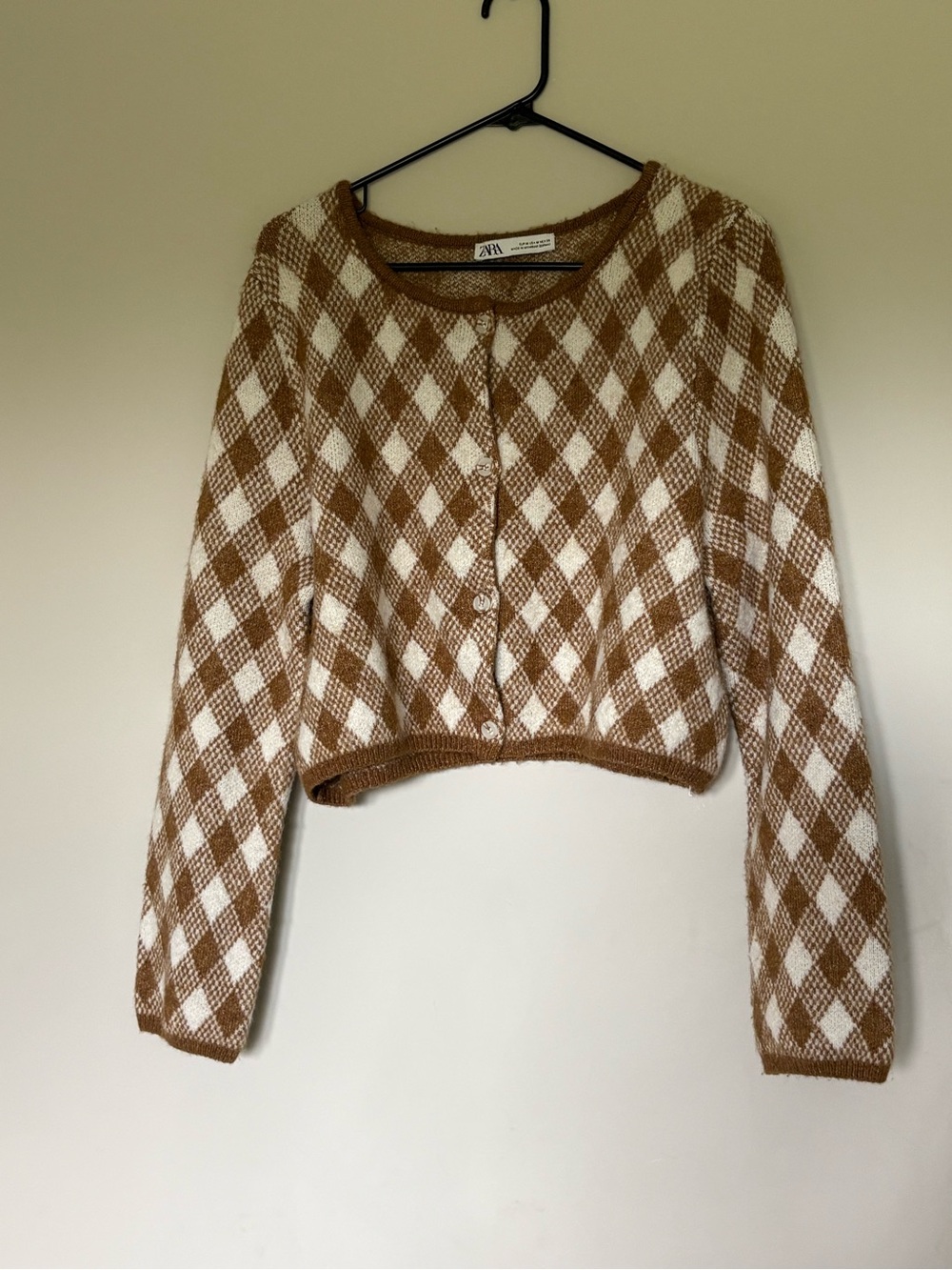 Zara Cropped Argyle Cardigan in Cream and Brown